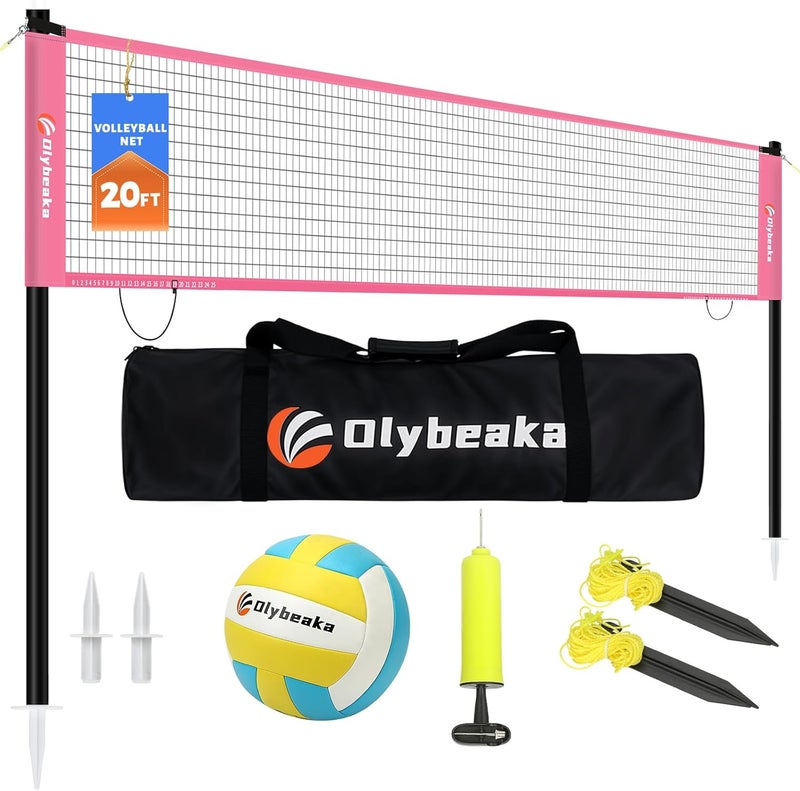 Olybeaka 20FT Outdoor Volleyball Net Set System for Backyard Beach with Anti-Sagging Net, Iron Adjustable Height Poles, Soft PU Volleyball and Pump, Carry Bag - Instant Set Up & Durable - Image 1